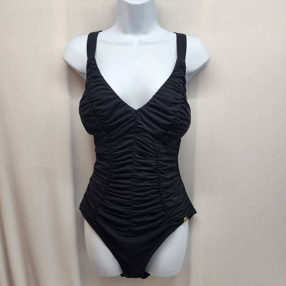 Shapellx Black Ruched V-Neck Swimsuit Tummy Control Shaping Women's Large - Picture 3 of 12